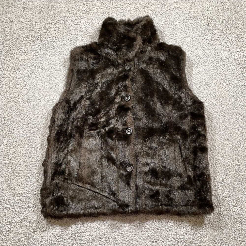 Vintage Faux Fur Vest Women's Brown Sleeveless Collar Button Tudor Medium